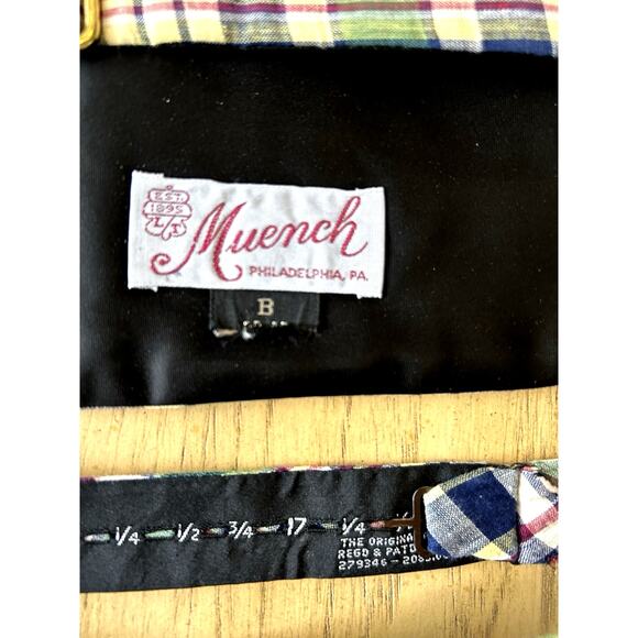 VTG Plaid Bowtie Cummerbund Green blue Yellow Preppy 80s Prom Meunch - Picture 5 of 7